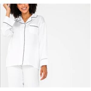 Ettitude White Blue Stitch Bamboo Sateen Long Sleeve PJ Shirt sz M